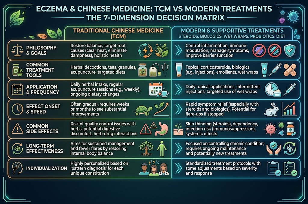 TCM vs Steroids, Biologics, Wet Wraps, Probiotics & Diet — The 7-Dimension Decision Matrix