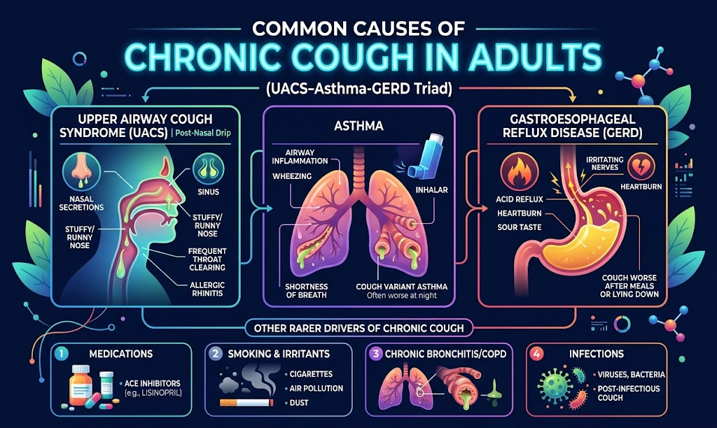 Common Causes of Chronic Cough in Adults (The UACS–Asthma–GERD Triad + Rarer Drivers)