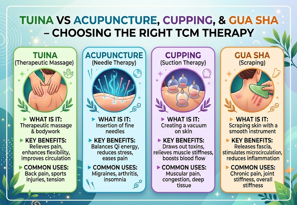 Tuina vs Acupuncture, Cupping, and Gua Sha — Choosing the Right TCM Therapy