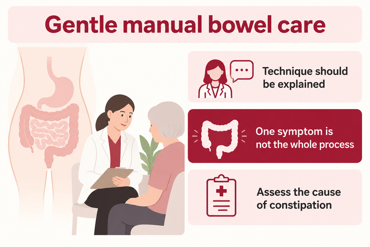 Gentle massage is part of bowel care, not a substitute for assessing constipation's cause (CUH guidance).