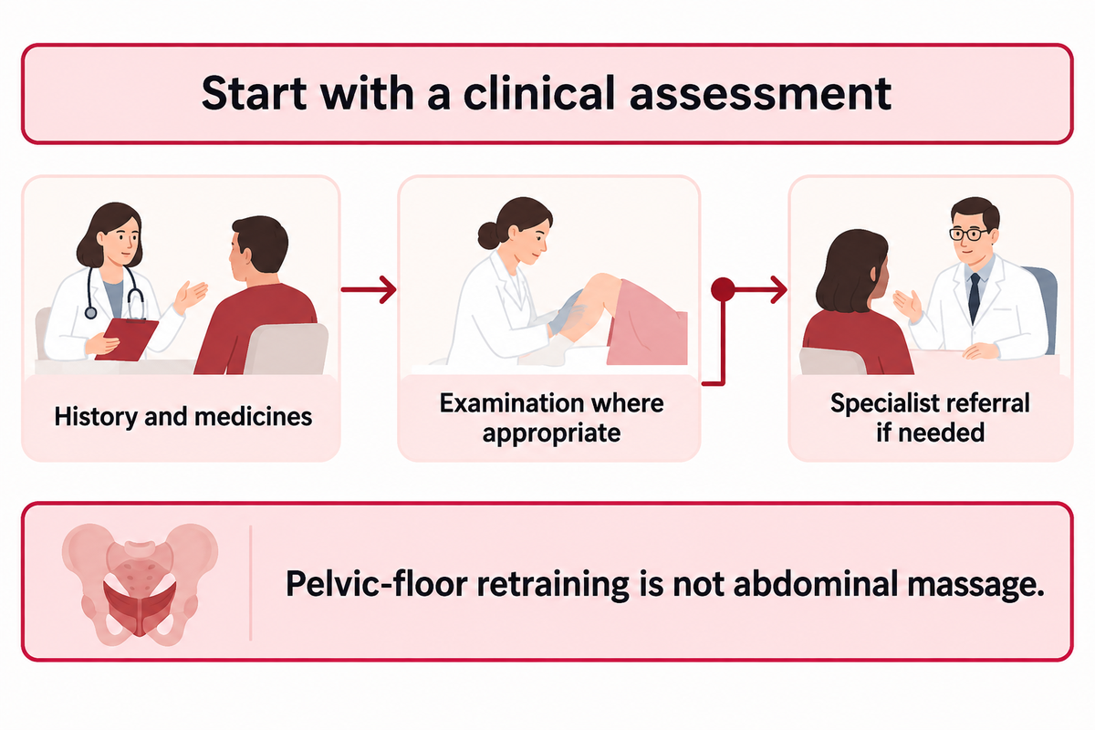 Assessment may involve history, medicines and examination; pelvic-floor retraining differs from massage (NIDDK, ACG).