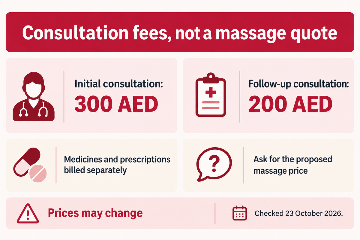 Tong Ren Tang lists consultation fees of 300 AED initially and 200 AED follow-up; massage requires a separate quote.