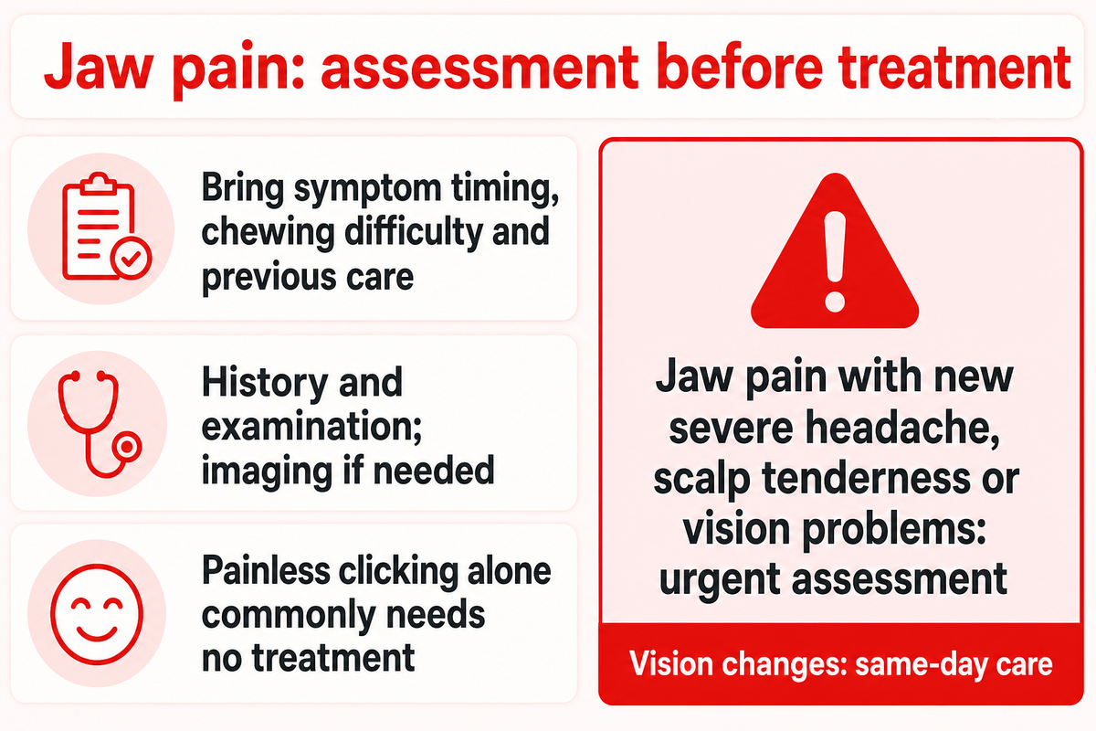 NIDCR: assess jaw pain first; NHS: jaw pain with headache, scalp tenderness or vision changes needs urgent care.