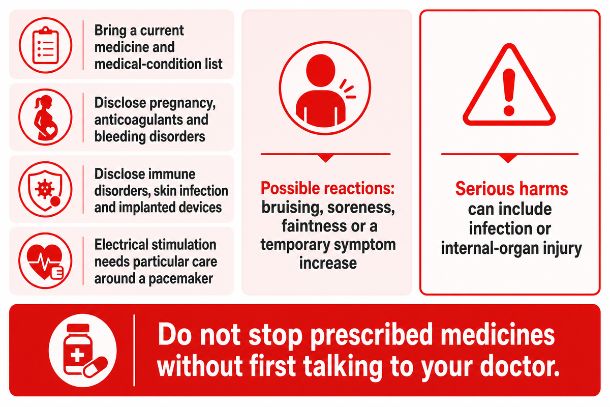 NHS and NCCIH: disclose medicines and risks; possible serious harms include infection and organ injury; never self-stop medicines.