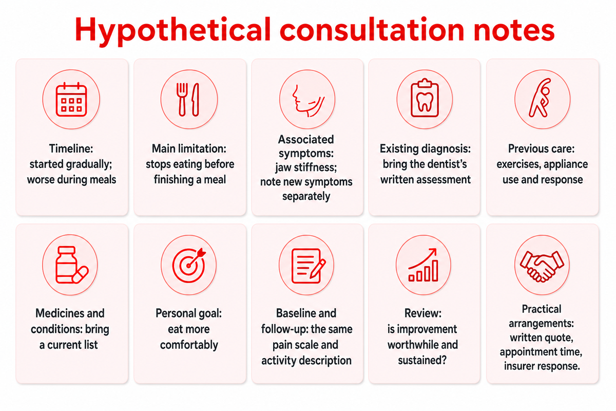 Hypothetical consultation brief based on NIDCR and NHS: record symptoms, prior care, medicines, goals and follow-up.