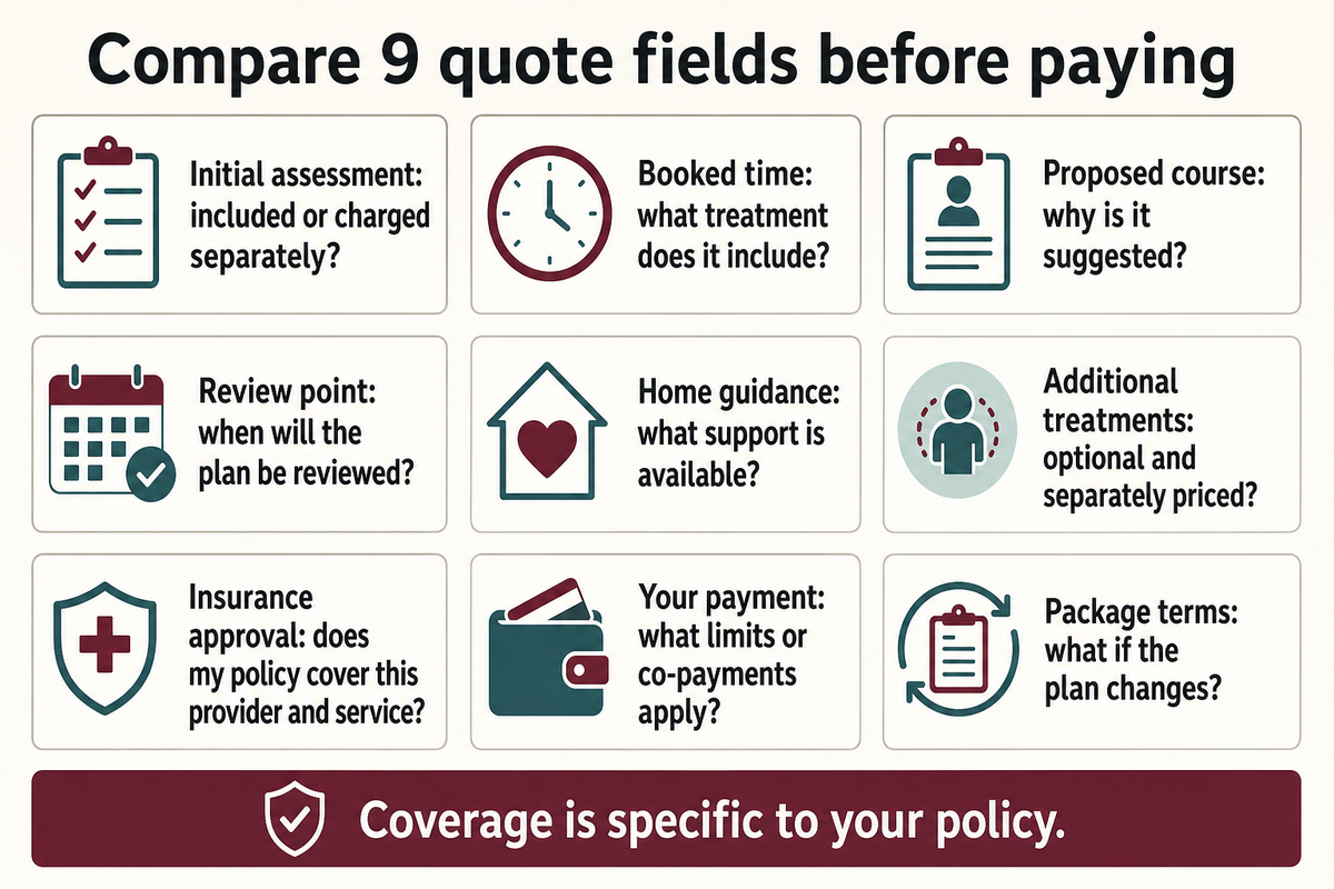 Compare 9 quote fields, from assessment to package terms; verify your own insurance benefits (Dubai Law 11/2013).