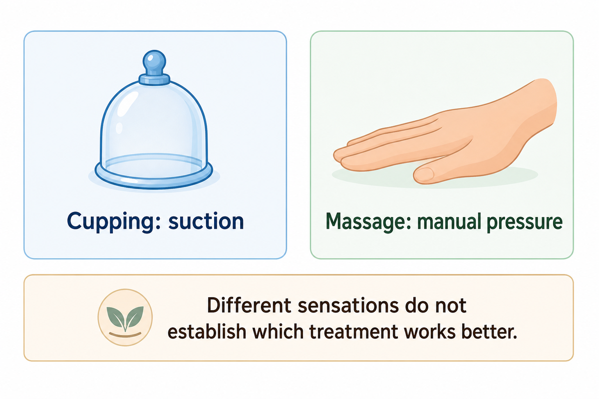 Cupping suction and massage pressure compared without ranking their benefits.