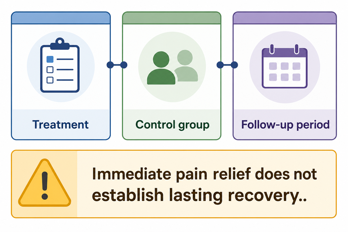 Treatment, control group and follow-up determine how pain research should be interpreted.