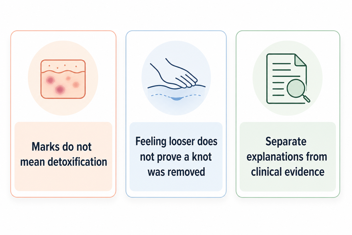 Cautions about interpreting skin marks, muscle sensations and proposed treatment mechanisms.