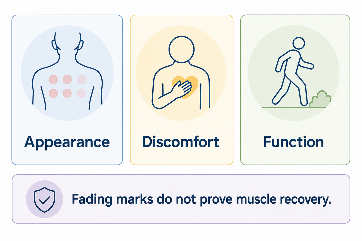 Skin appearance, discomfort and function shown as separate recovery considerations.