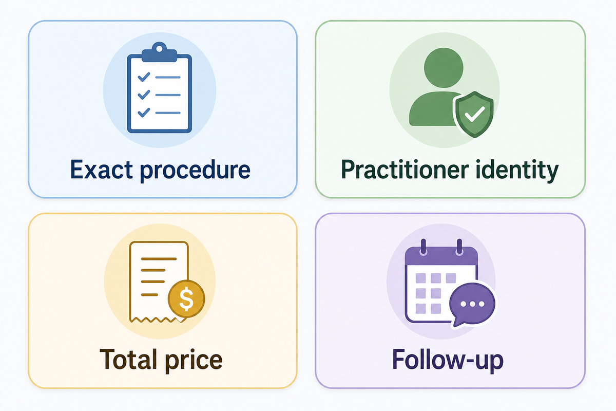 Four appointment topics: exact procedure, practitioner identity, total price and follow-up.