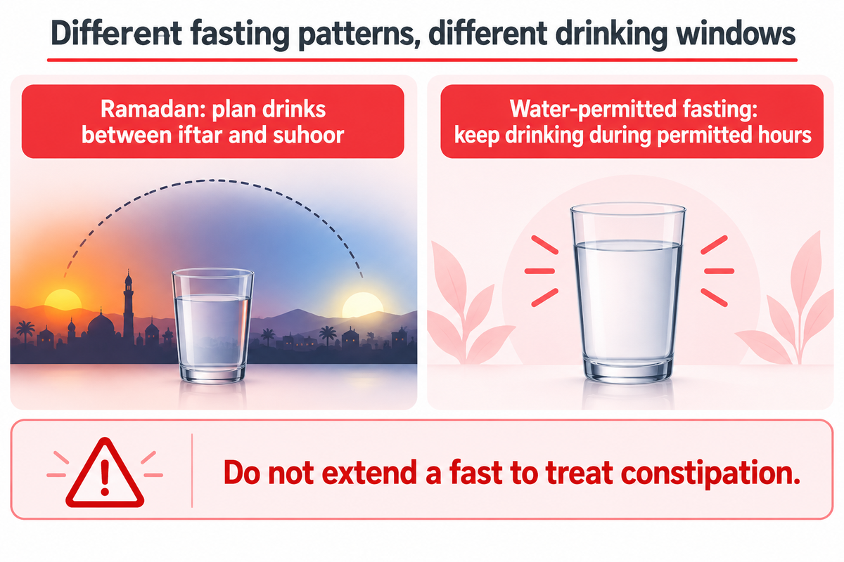 Ramadan and water-permitted fasting require different drinking plans; extending a fast is not constipation treatment