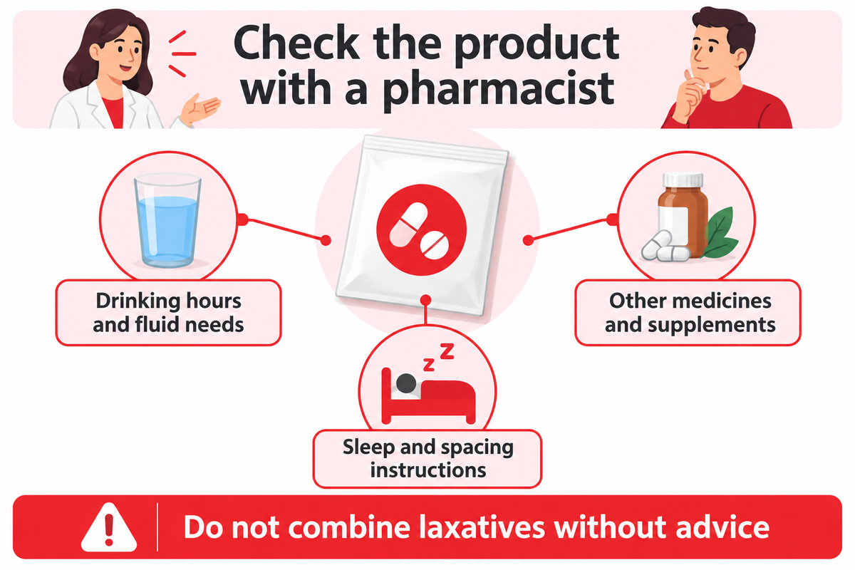 NHS laxative guidance supports checking fluids, interactions and product timing with a pharmacist