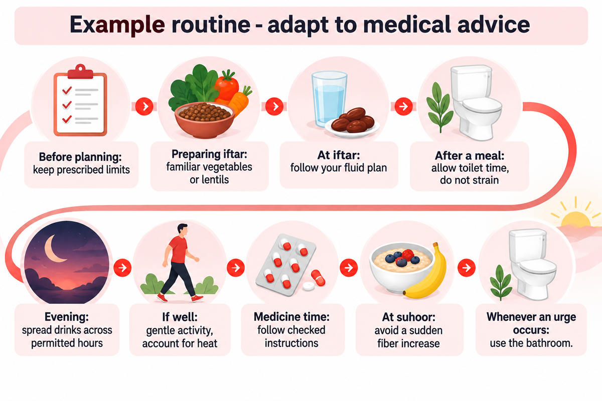 An illustrative iftar-to-suhoor planner preserves prescribed limits and responds to bowel urges