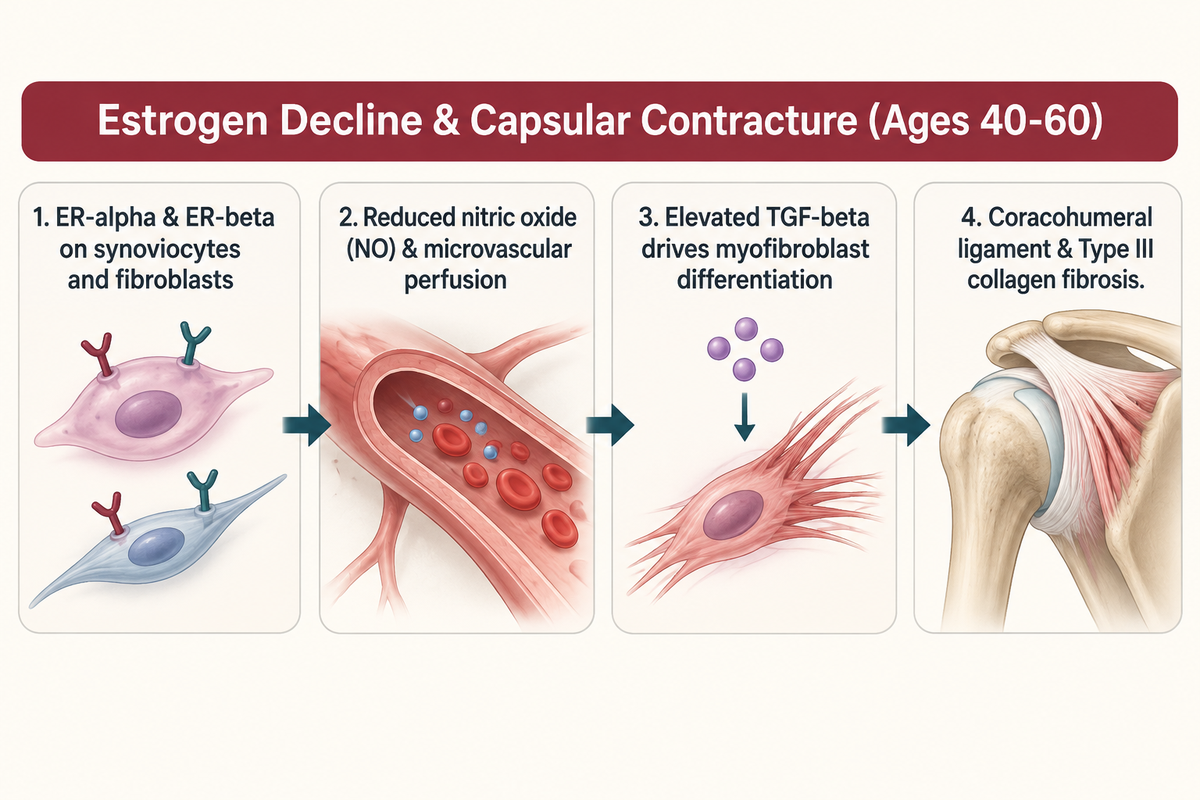 Declining estradiol alters ER-alpha and ER-beta signaling and TGF-beta Type III collagen turnover at ages 40-60 (PMC12564958).