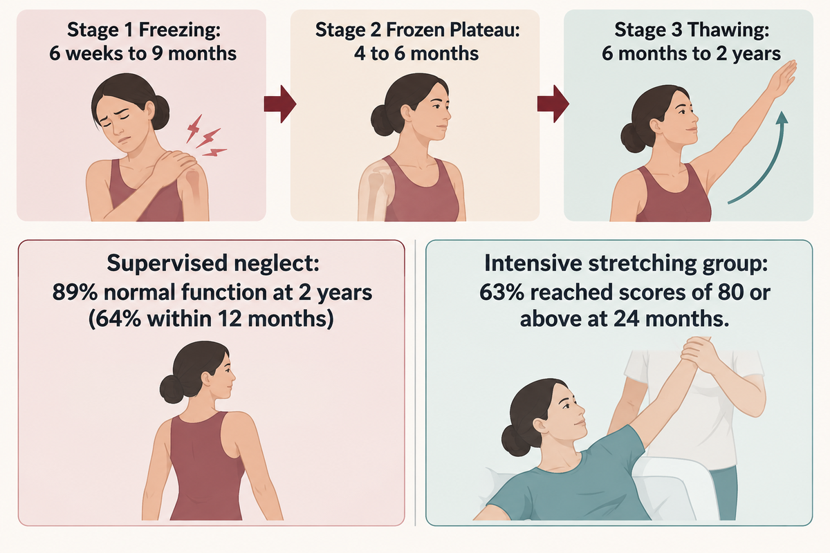 Freezing (6 wk-9 mo), frozen (4-6 mo), and thawing (6 mo-2 yr) stages; 89% vs 63% 2-year recovery (AAOS; Diercks & Stevens).
