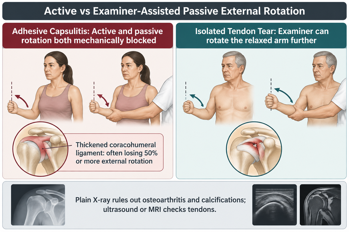 Adhesive capsulitis blocks both active and passive external rotation, often losing 50% or more motion (PMC8600673; 2025 CPG).