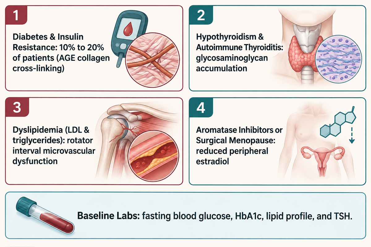 Diabetes affects 10%-20% of frozen shoulder patients; check fasting glucose, HbA1c, lipids, and TSH (AAOS; PMC12564958).