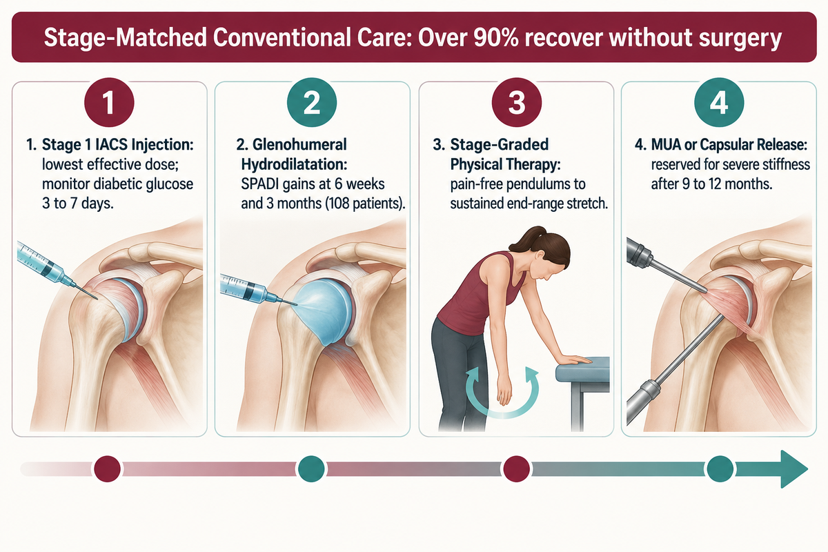 Over 90% recover without surgery using stage-matched steroid injection, hydrodilatation, and physiotherapy (2025 CPG; AAOS).