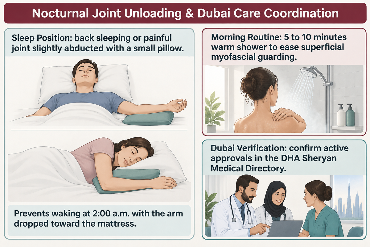 Sleep on your back or with a small pillow supporting the painful arm in slight abduction (AAOS OrthoInfo; DHA Sheryan).