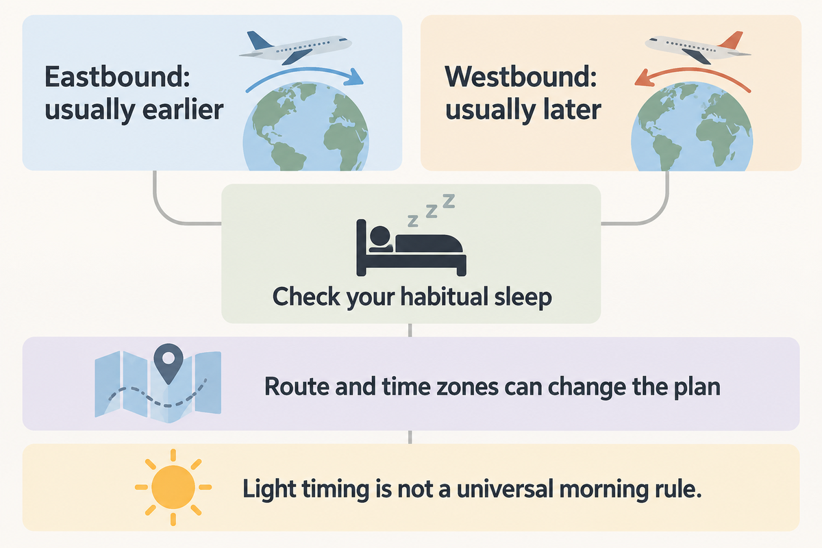 East usually advances sleep and west delays it; light timing depends on route and habitual sleep (CDC; Eastman).