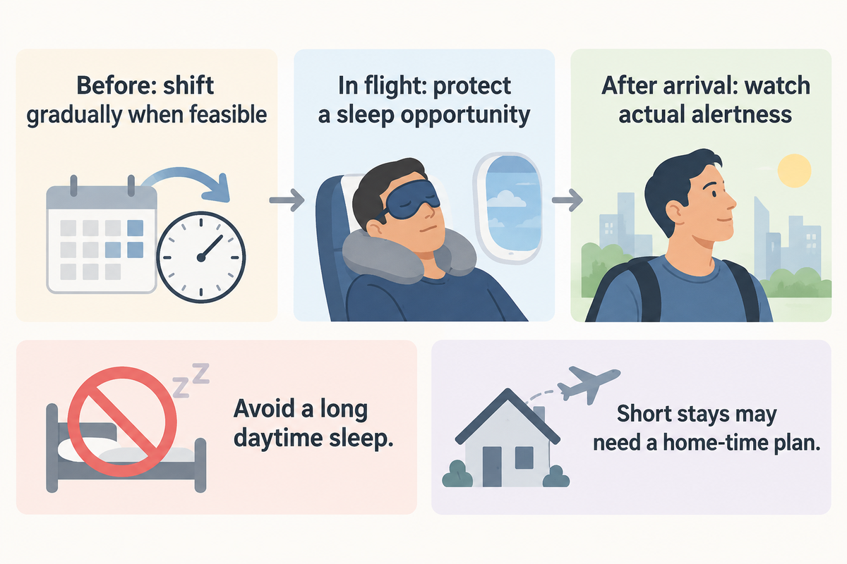 Plan sleep before, during and after travel; short stays may need a home-time approach (CDC).