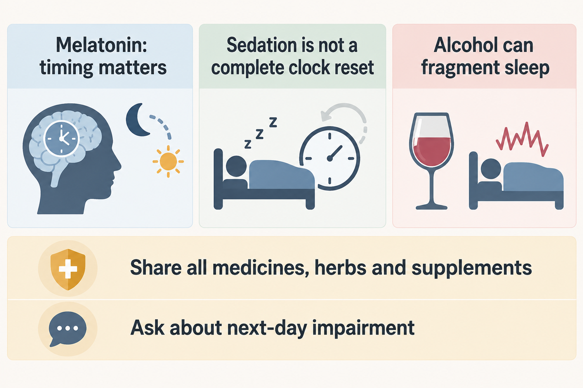 Sleep promotion differs from clock adjustment; medicine, herb and next-day risks need review (CDC; NHS; Mayo).