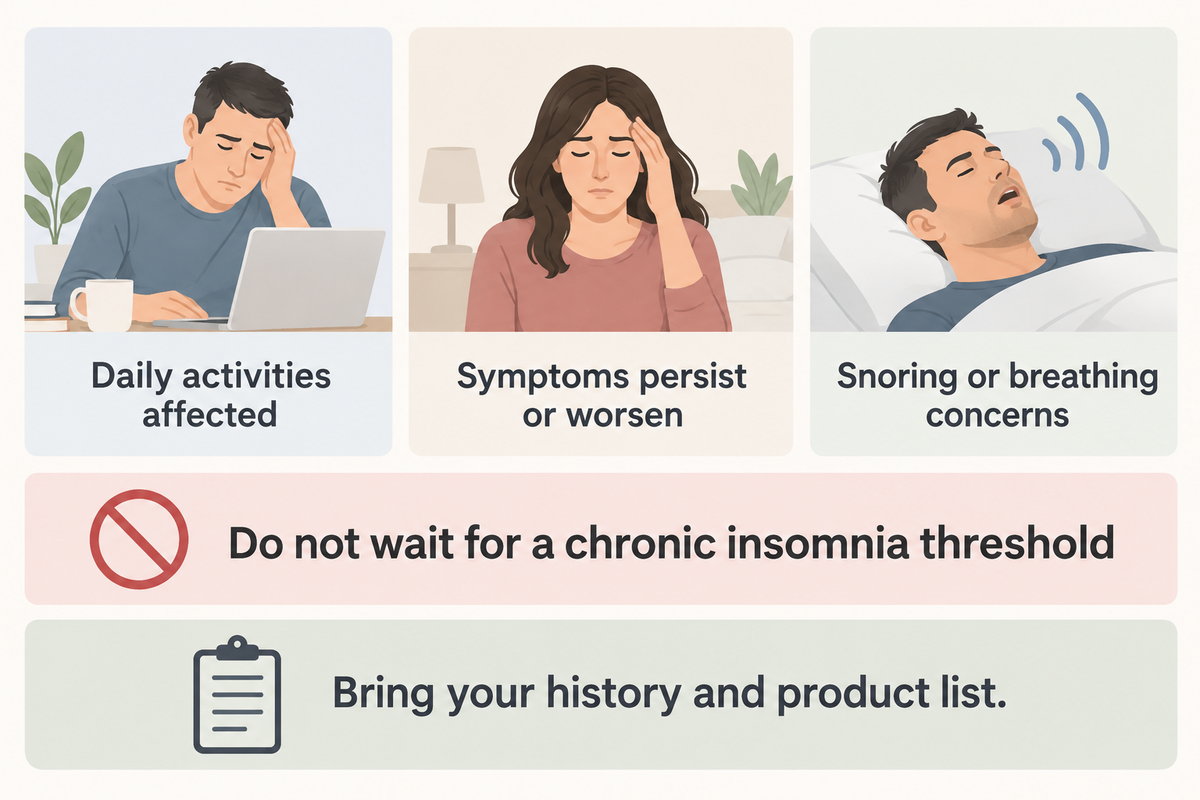 Seek assessment when poor sleep affects daily life; chronic-insomnia duration is not a waiting rule (NHLBI).
