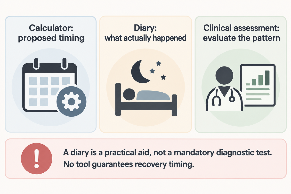 A calculator proposes timing, a diary records sleep and clinical assessment evaluates symptoms (CDC; NHLBI; AASM).