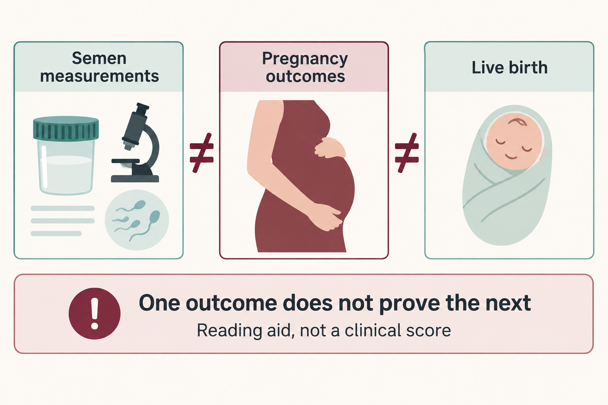 Semen measurements, pregnancy and live birth are different study outcomes (ASRM; Cochrane).