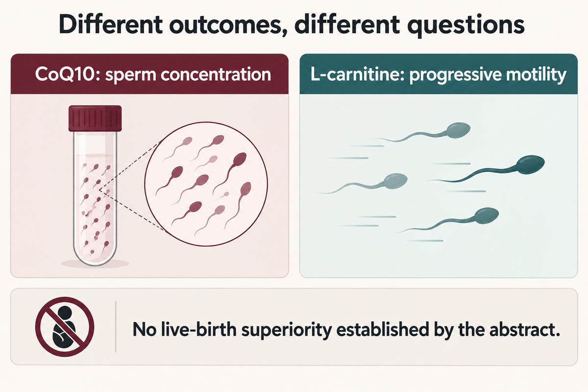 CoQ10 and L-carnitine ranked for different semen outcomes, not live birth (2025 review).