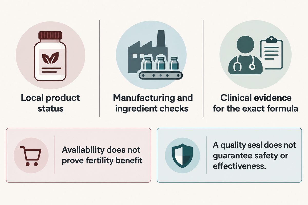 Local status, manufacturing quality and clinical effectiveness are separate checks (NIH ODS; Dubai Municipality).