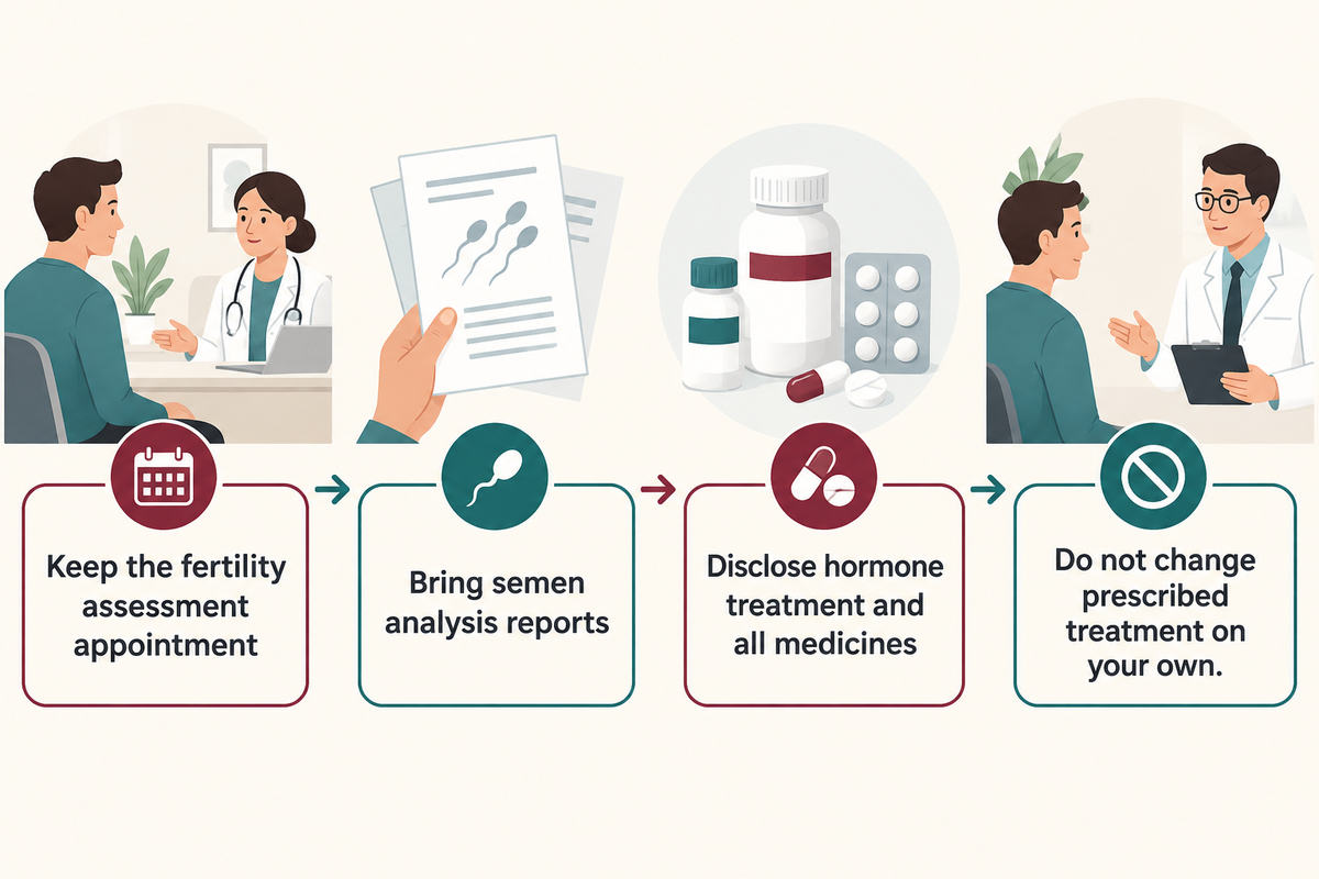 Keep fertility assessment on schedule and bring reports and medicine history (ASRM).