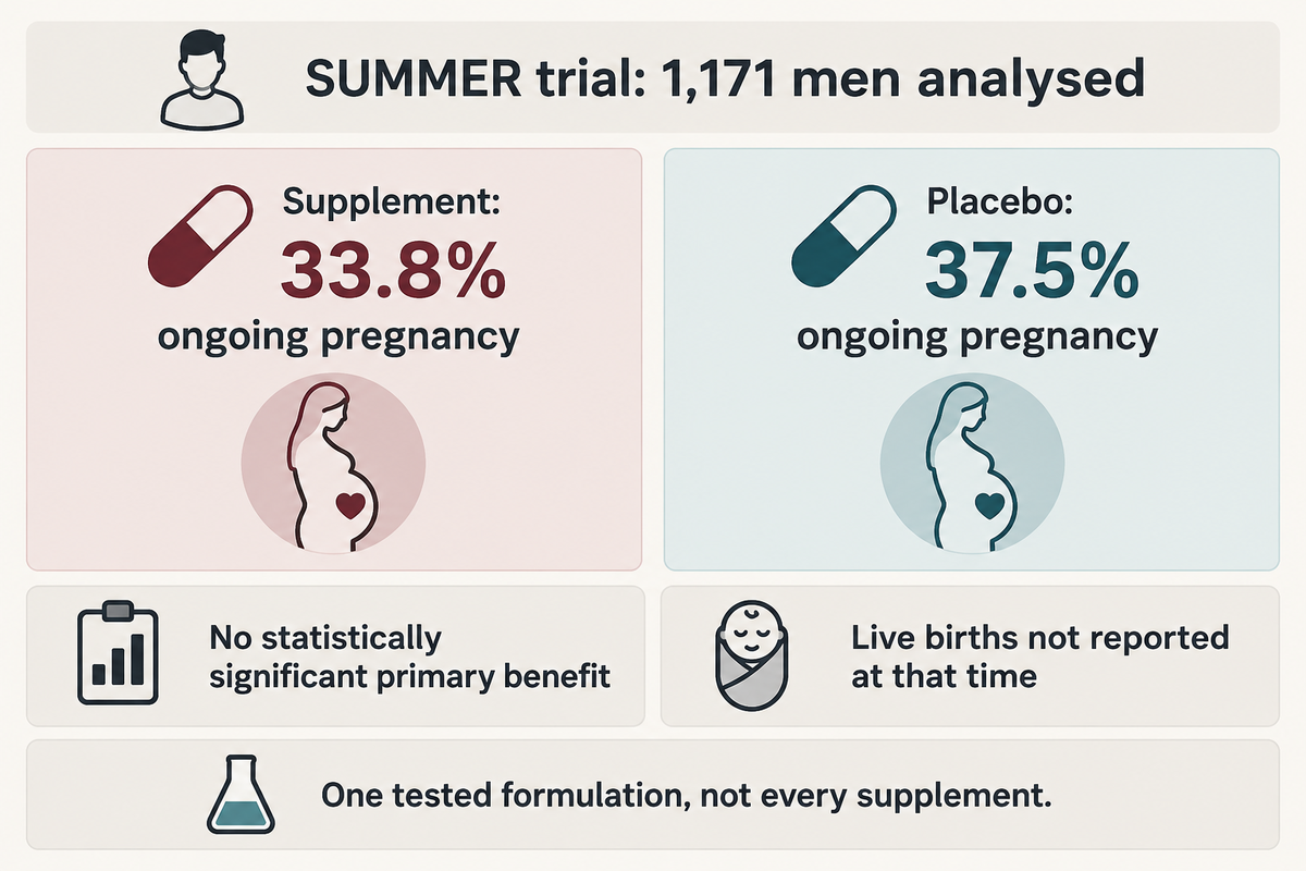 SUMMER ongoing pregnancy: 33.8% supplement vs 37.5% placebo; no significant primary benefit (2025 trial).