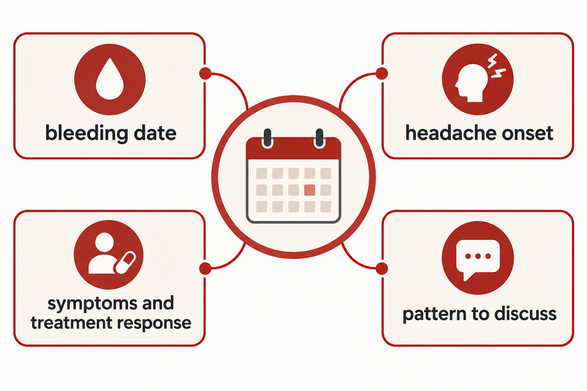 Cycle diary map linking bleeding dates, headache onset, symptoms and treatment response for clinician discussion.