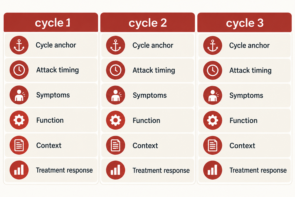 Three-cycle diary worksheet repeats the same fields so timing and symptoms can be compared.