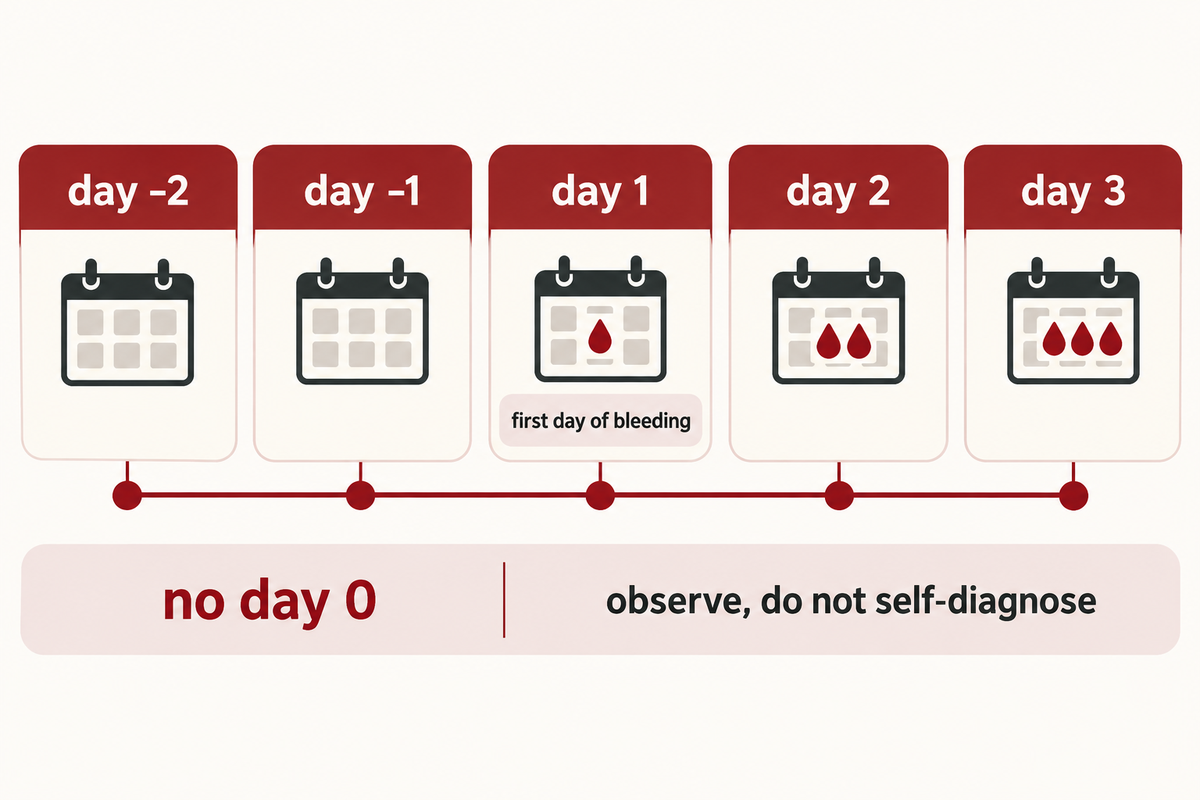 Menstrual-window timeline marks day -2, day -1, days 1 to 3 and no day 0 for diary notes.