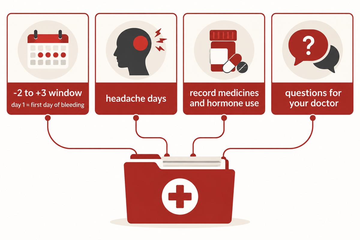 Doctor-ready summary groups headache days, menstrual-window timing, medicines and questions.