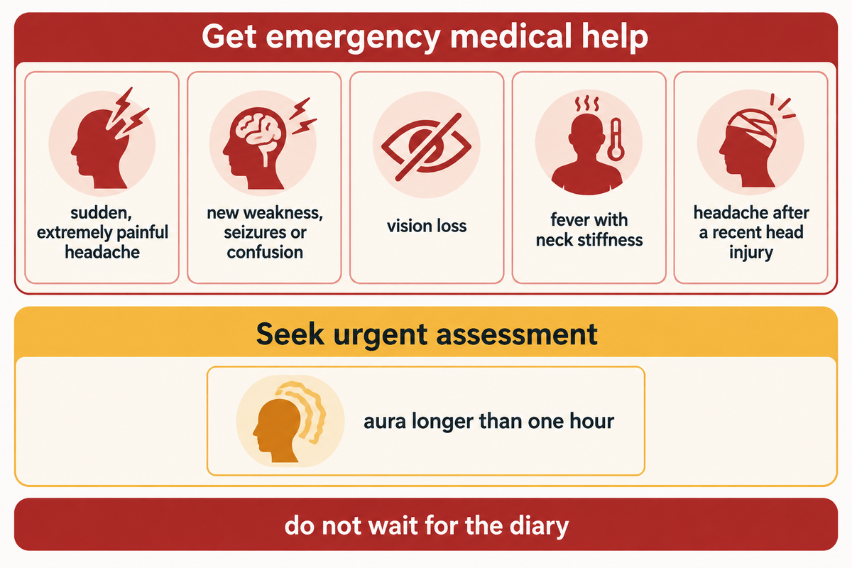 Urgent migraine warning signs include sudden severe pain, neurological symptoms, fever with neck stiffness and aura longer than one hour.