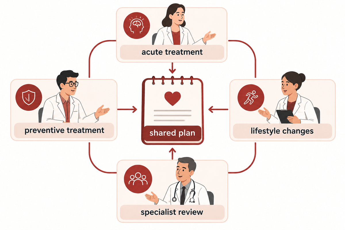 Treatment conversation map connects diary observations with acute treatment, prevention, lifestyle and specialist review.