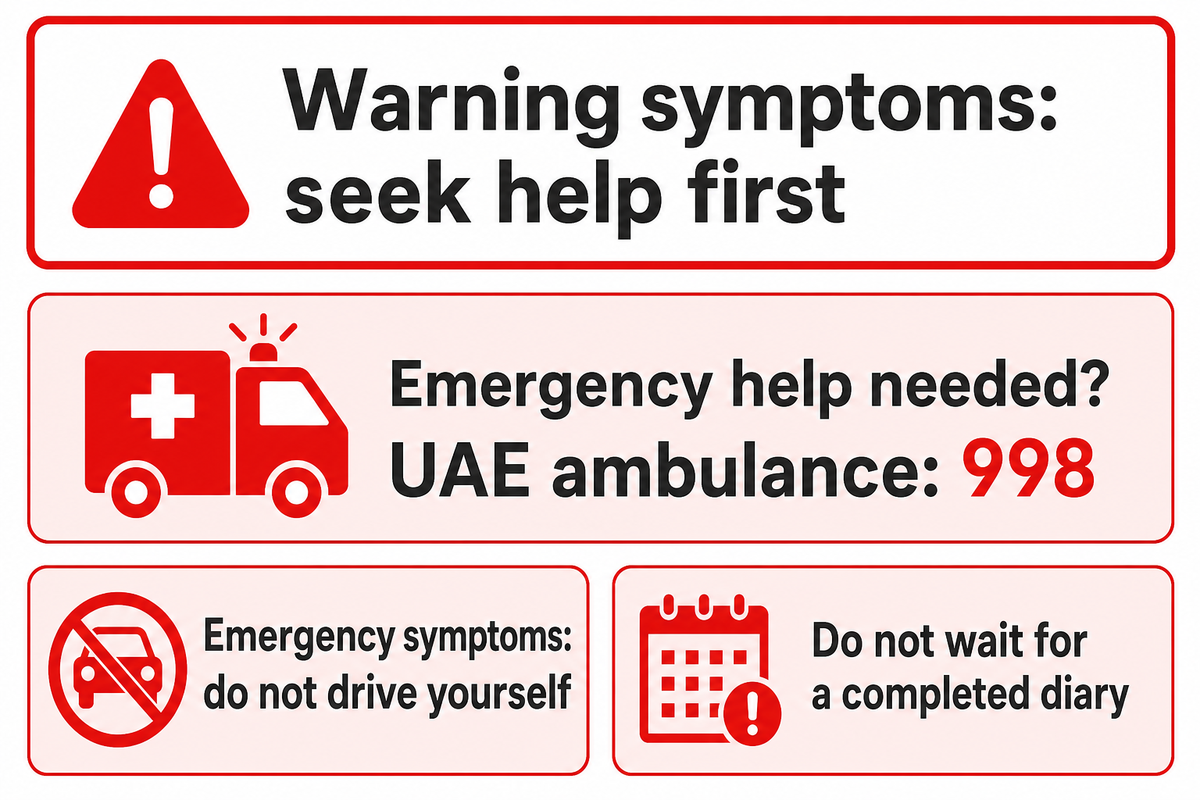 Warning symptoms take priority over diary keeping; UAE ambulance 998 (NHS and official UAE guidance).