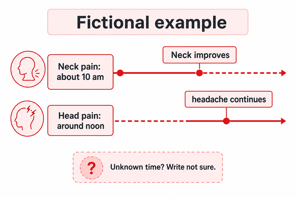 Fictional example: neck pain about 10 am, head pain around noon; record uncertain times honestly.