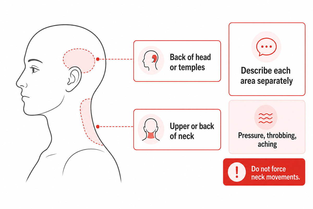Describe head and neck locations and sensations; avoid forcing movements or pressing to test a diagnosis (ICHD-3).