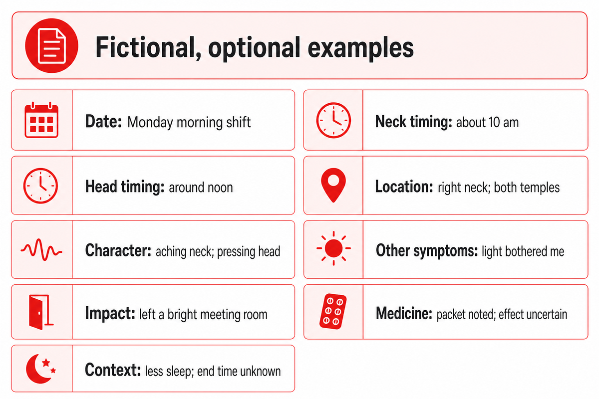 Optional paired record keeps neck timing, head timing, symptoms, medicines and uncertainty separate; fictional entries.