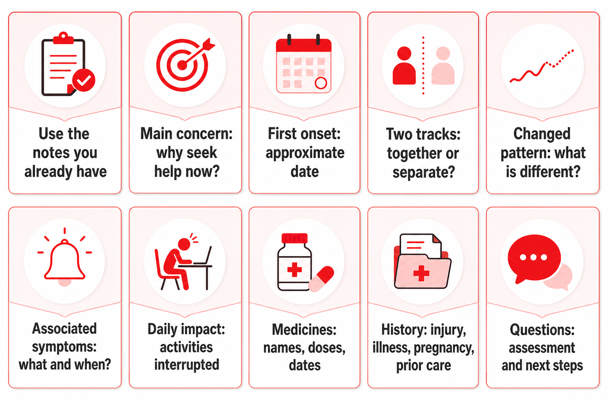 Use existing notes for concerns, onset, two symptom tracks, changes, impact, medicines, history and questions.