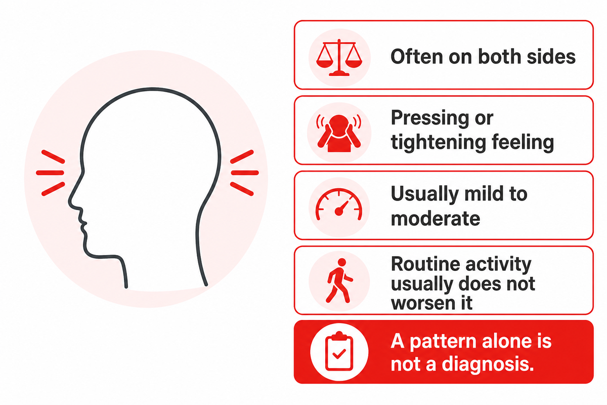 Bilateral pressing pain can fit a tension-type pattern; patterns alone do not diagnose headache (ICHD-3).
