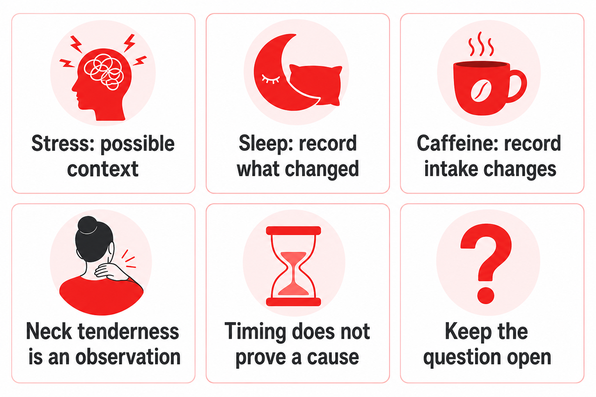 Record stress, sleep, caffeine and neck tenderness without assuming a proven cause (NHS; Mayo Clinic).