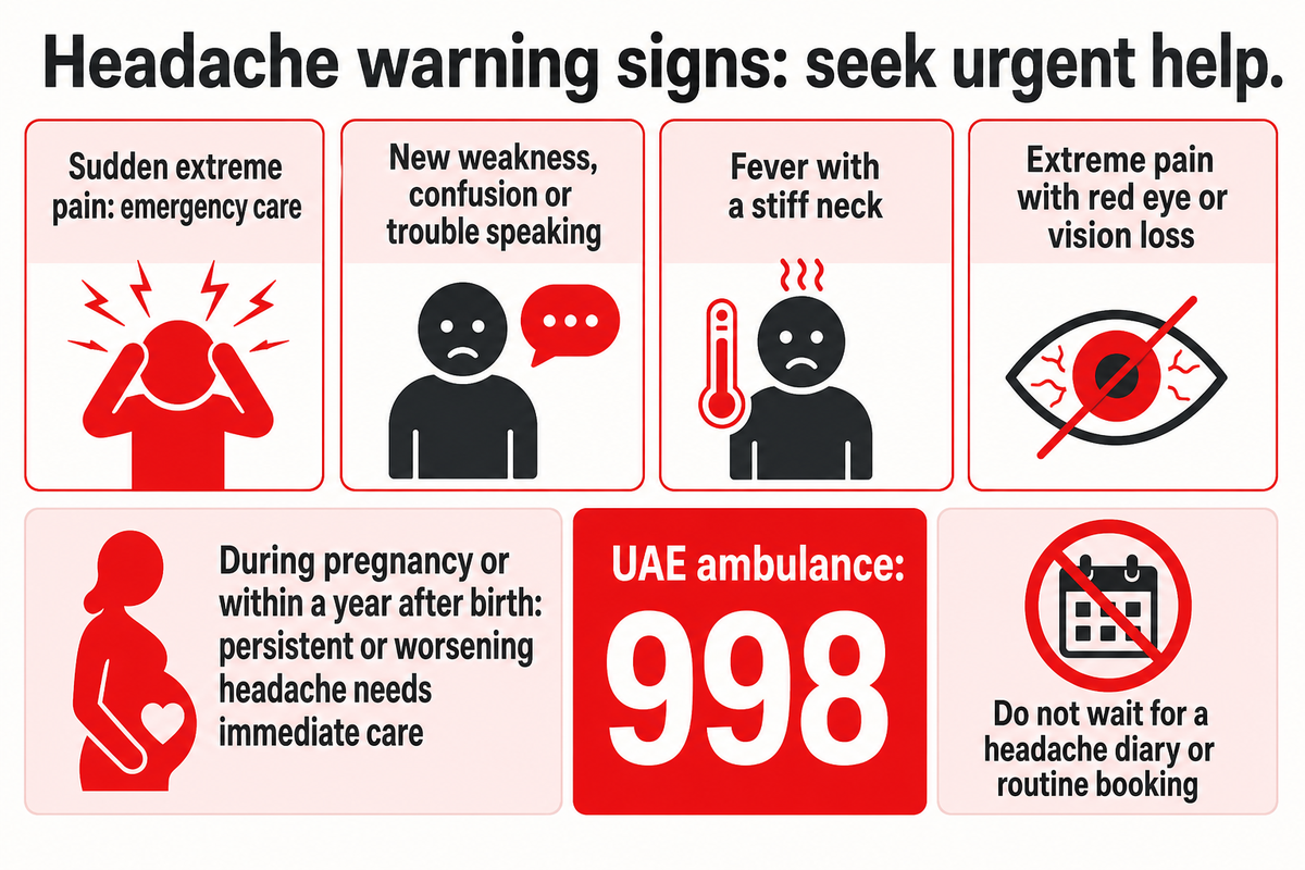 Emergency headache needs urgent care; the UAE ambulance number is 998 (UAE government; CDC; NICE).