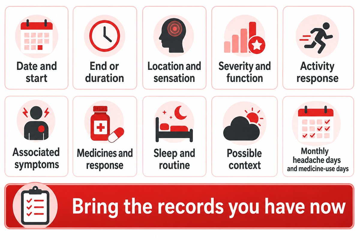 Bring current headache and medicine records; keeping a diary must not delay care (NICE).
