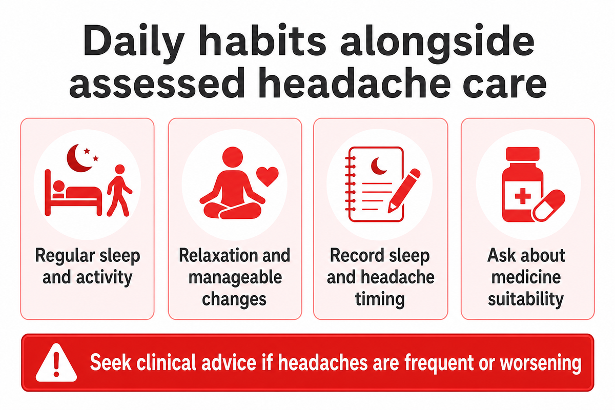 Sleep habits, activity and relaxation may support assessed headache care (NHS).